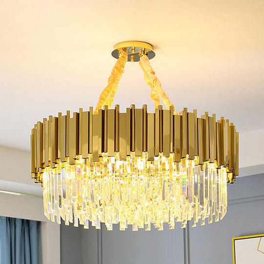 Modern Brass Drum Chandelier With Crystal Prism Shade - Simple Style Suspension Light 6 /