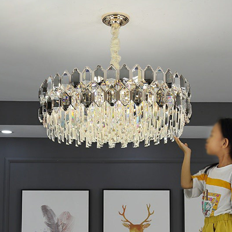 Smoke Grey Crystal Tiered Chandelier - Modern Luxe Hanging Light for Living Room