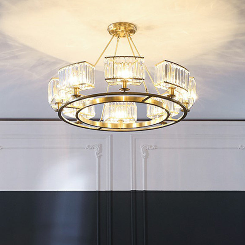 Minimalist Crystal Block Chandelier with Gold Finish - Ceiling Lamp for Living Room