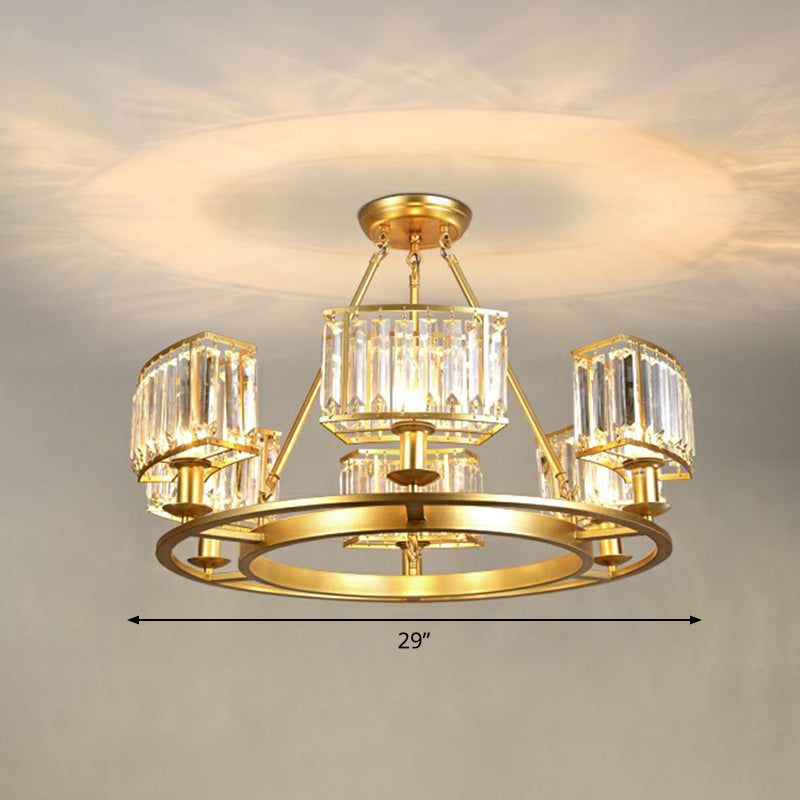 Minimalist Gold Circular Chandelier With Crystal Block Suspension - Ideal For Living Room 6 /