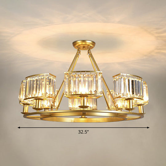 Minimalist Gold Circular Chandelier With Crystal Block Suspension - Ideal For Living Room 8 /