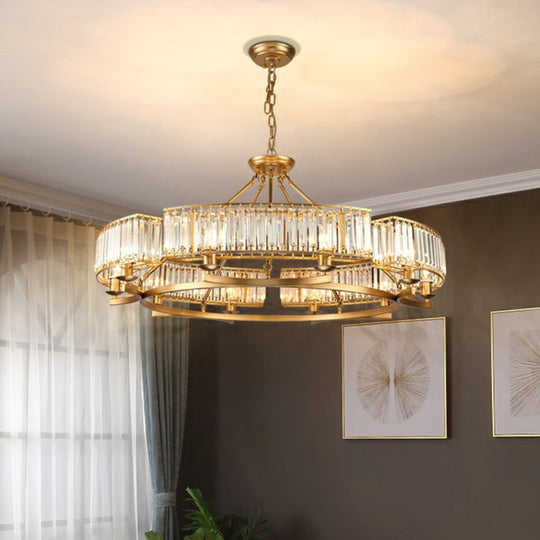 Minimalist Gold Circular Chandelier With Crystal Block Suspension - Ideal For Living Room