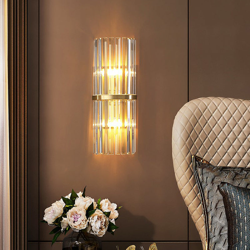 Simplicity Prismatic Crystal Brass Sconce Wall Lamp: Half Cylinder Shape With 2-Head Lighting