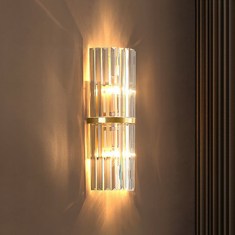 Simplicity Prismatic Crystal Brass Sconce Wall Lamp: Half Cylinder Shape With 2-Head Lighting