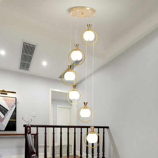 White Glass Ball Suspension Light - 6-Light Stairs Pendant With Gold Metal Loop