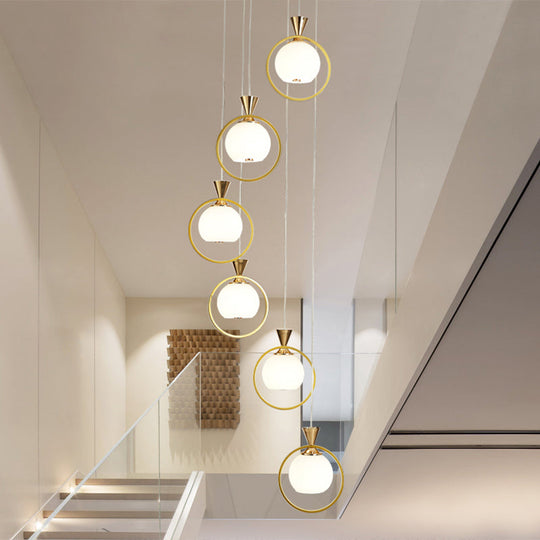 White Glass Ball Suspension Light - 6-Light Stairs Pendant With Gold Metal Loop