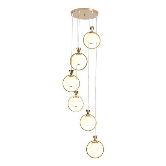 White Glass Ball Suspension Light - 6-Light Stairs Pendant With Gold Metal Loop