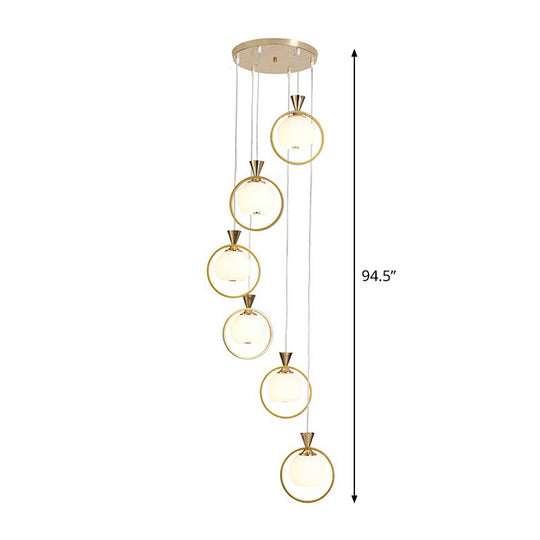 White Glass Ball Suspension Light - 6-Light Stairs Pendant With Gold Metal Loop