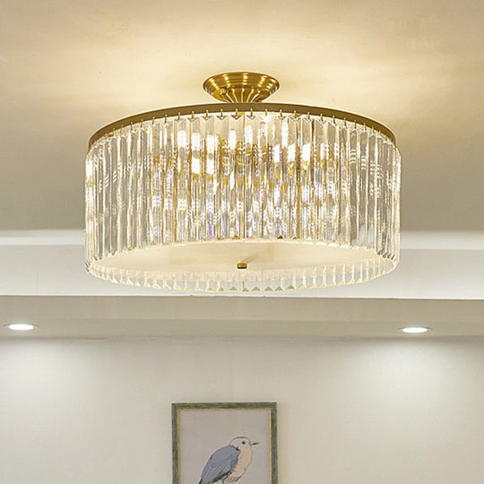 Minimalist Semi Flush Mount Ceiling Light with Clear Crystal Drum Shade - Bedroom Close to Ceiling