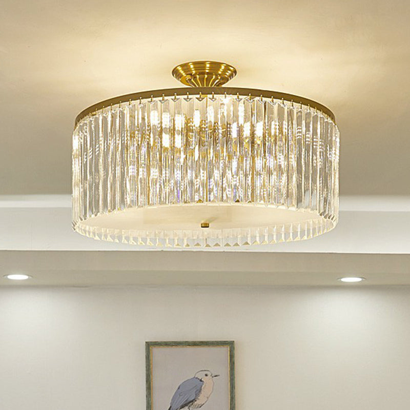 Minimalist Bedroom Sparkle: Clear Crystal Drum Semi-Flush Mount Ceiling Light With A Design