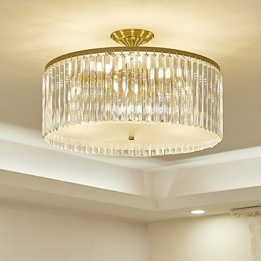 Minimalist Semi Flush Mount Ceiling Light with Clear Crystal Drum Shade - Bedroom Close to Ceiling