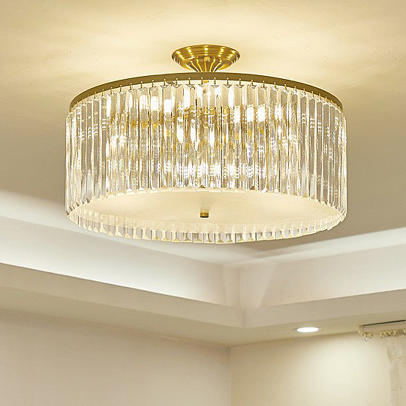 Minimalist Bedroom Sparkle: Clear Crystal Drum Semi-Flush Mount Ceiling Light With A Design