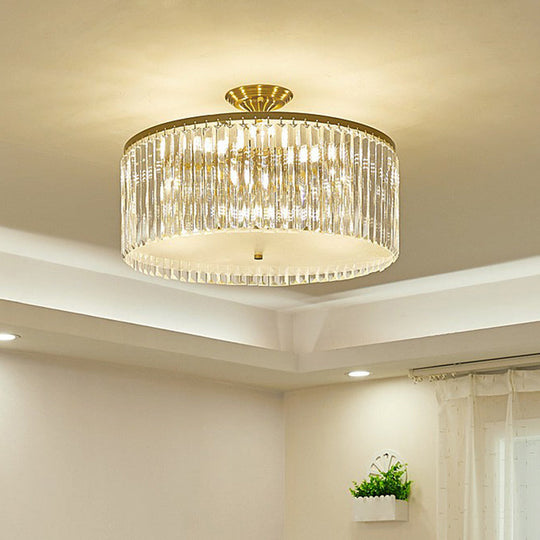 Minimalist Semi Flush Mount Ceiling Light with Clear Crystal Drum Shade - Bedroom Close to Ceiling