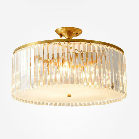 Minimalist Semi Flush Mount Ceiling Light with Clear Crystal Drum Shade - Bedroom Close to Ceiling