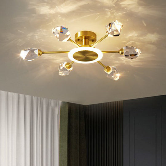 Postmodern Gold Crystal LED Ceiling Light with Radial Semi Mount for Bedroom