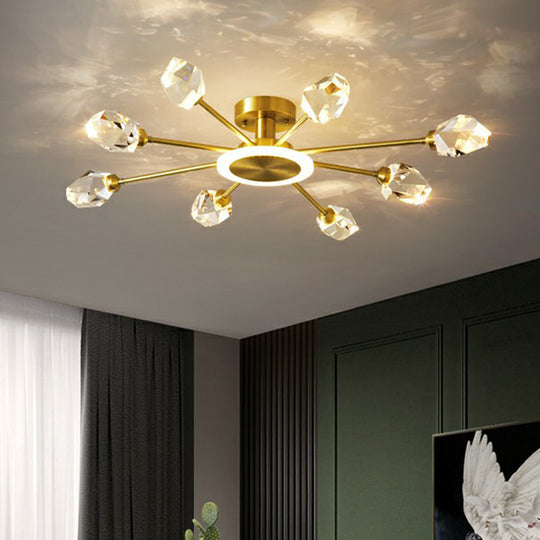 Postmodern Gold Crystal LED Ceiling Light with Radial Semi Mount for Bedroom