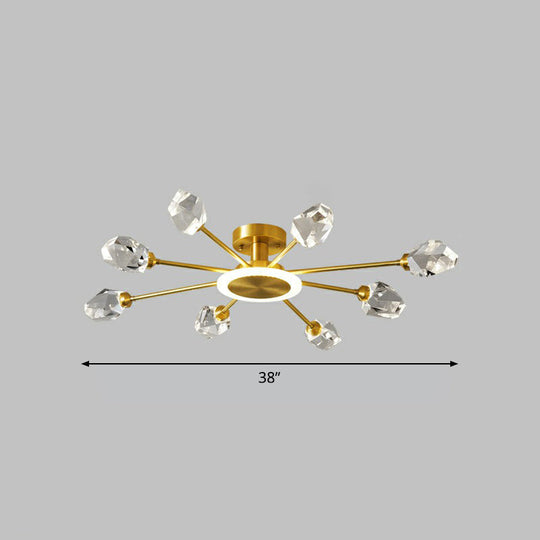 Postmodern Gold Crystal LED Ceiling Light with Radial Semi Mount for Bedroom