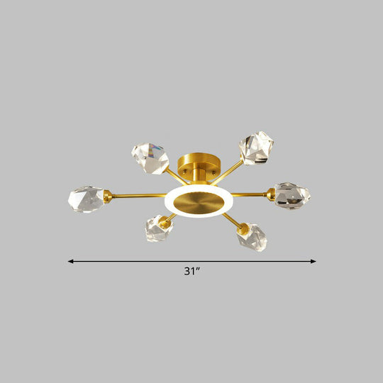 Postmodern Gold Crystal LED Ceiling Light with Radial Semi Mount for Bedroom