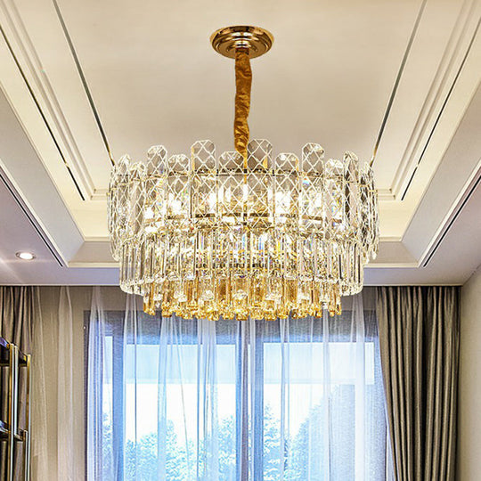 Rectangular-Cut Crystal Drum Chandelier: Elegant 9-Bulb Bedroom Ceiling Lighting Clear