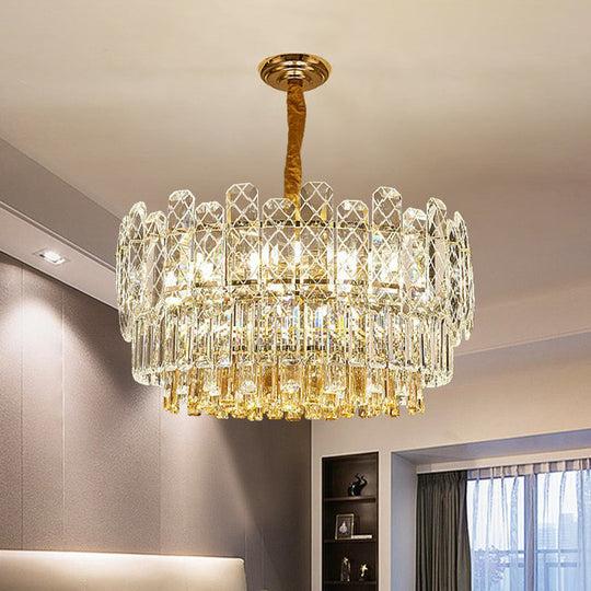 Rectangular-Cut Crystal Drum Chandelier: Elegant 9-Bulb Bedroom Ceiling Lighting