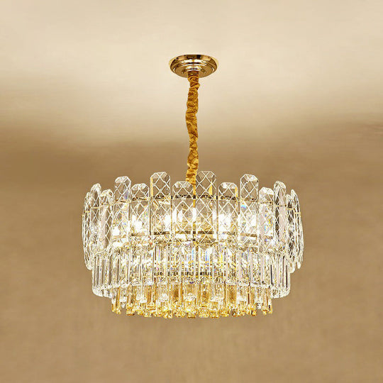 Rectangular Drum Crystal Chandelier with 9 Bulbs for Bedroom Ceiling Lighting in Clear and Simple Style