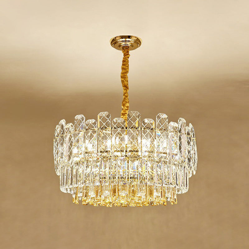 Rectangular-Cut Crystal Drum Chandelier: Elegant 9-Bulb Bedroom Ceiling Lighting