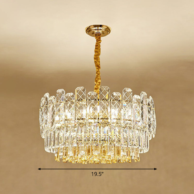 Rectangular-Cut Crystal Drum Chandelier: Elegant 9-Bulb Bedroom Ceiling Lighting