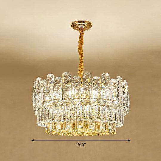 Rectangular-Cut Crystal Drum Chandelier: Elegant 9-Bulb Bedroom Ceiling Lighting