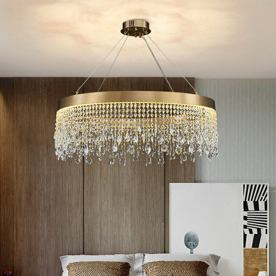 Modern LED Chandelier with Crystal Drapes and Stainless Steel Ring Shape