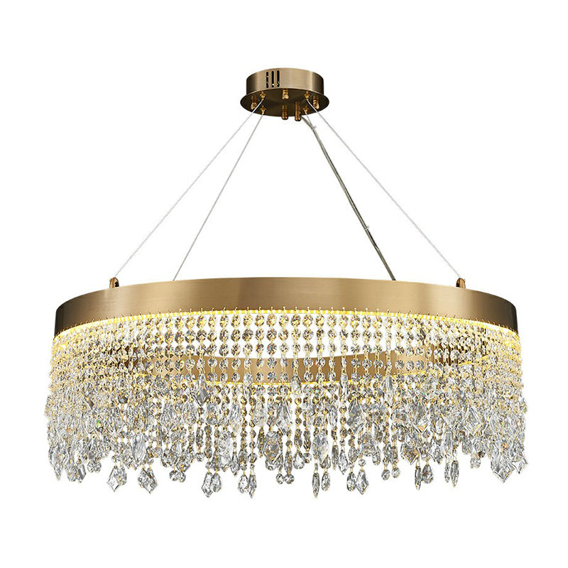 Modern LED Chandelier with Crystal Drapes and Stainless Steel Ring Shape