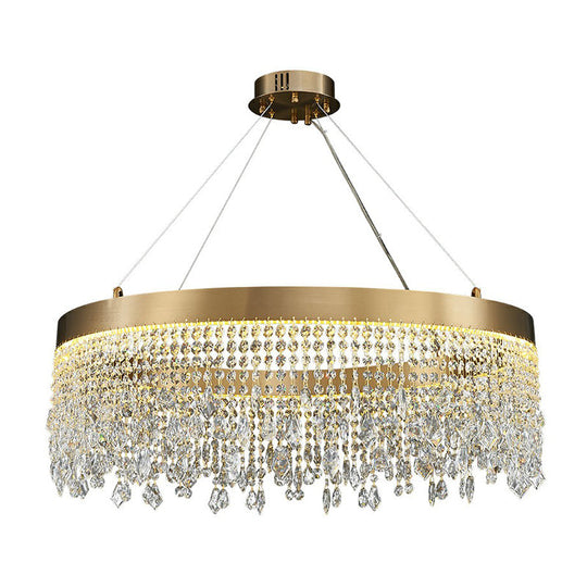 Modern LED Chandelier with Crystal Drapes and Stainless Steel Ring Shape