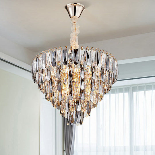 Smoke Grey Crystal Cone Pendant Chandelier - Minimalist Living Room Lamp