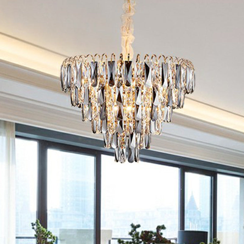 Smoke Grey Crystal Cone Pendant Chandelier - Minimalist Living Room Lamp