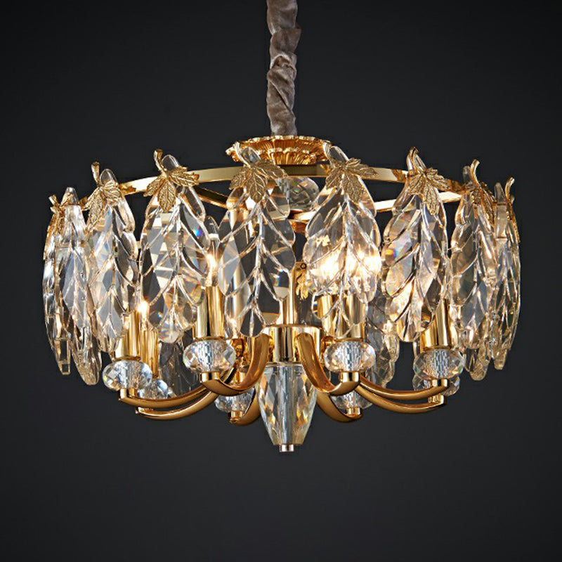 Postmodern Crystal Chandelier with 8 Gold Foliage Heads for Living Room