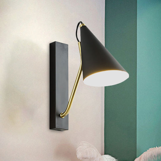 Modern Bedroom Wall Sconce With Cone Shade And Iron Base - Simple 1-Light Black/White Lamp Black