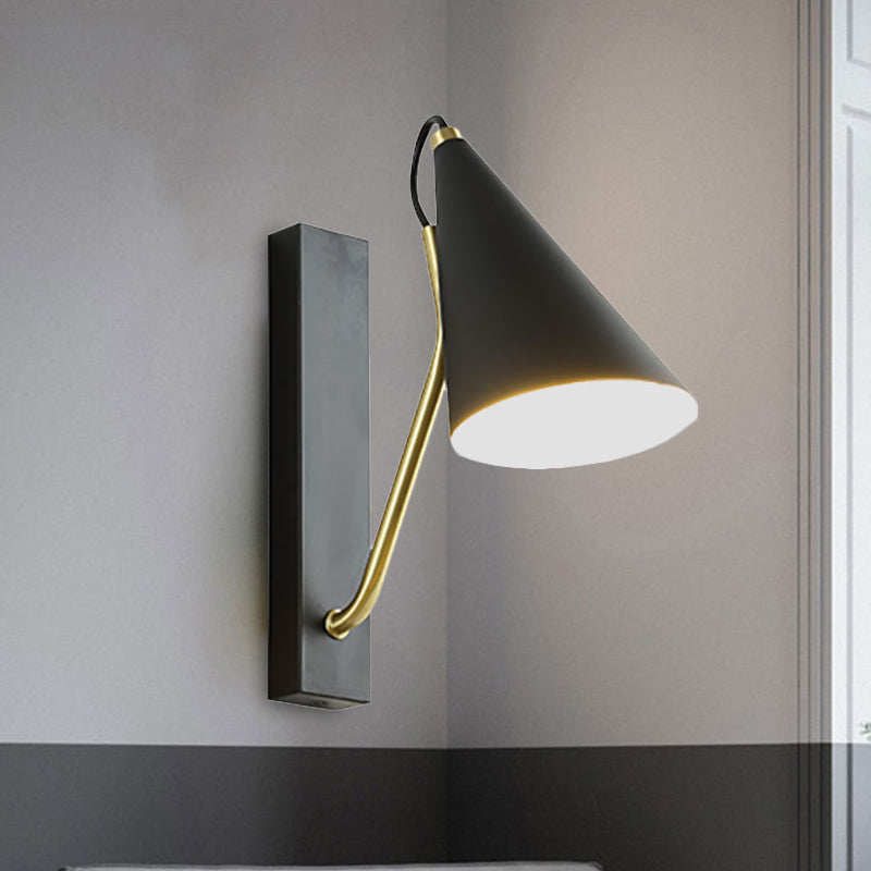 Modern Bedroom Wall Sconce With Cone Shade And Iron Base - Simple 1-Light Black/White Lamp