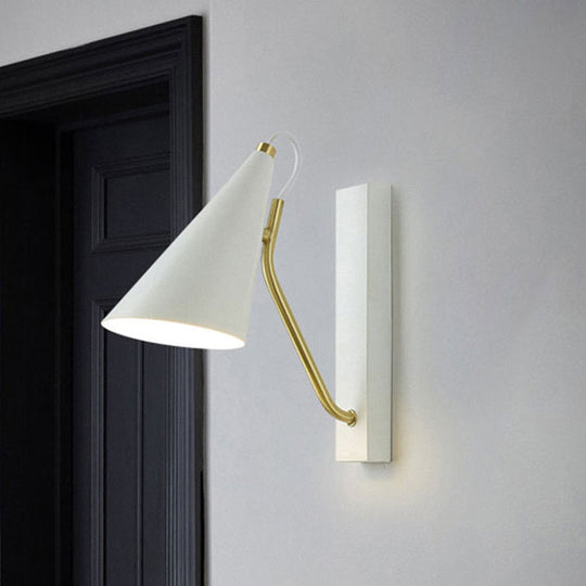 Modern Bedroom Wall Sconce With Cone Shade And Iron Base - Simple 1-Light Black/White Lamp White