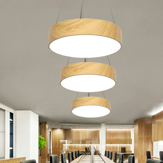 Simplicity Led Suspension Light With Wood Effect Shade Beige Hanging Lamp - 16/19.5/23.5 Wide