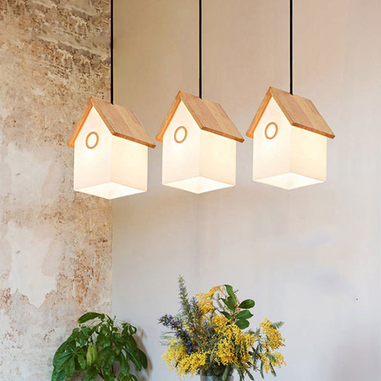 Asian Style Wood And Glass Pendant Light In White For Kitchen Foyer