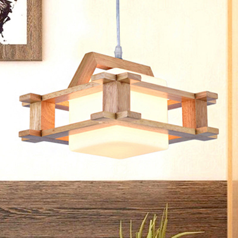 Modern Cube Suspension Pendant Light With Wood Guard Glass - Beige For Bedroom