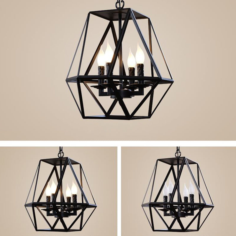 Traditional Black Metal Geometric Chandelier: 3/4 Light Living Room Hanging Lamp