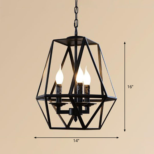 Traditional Black Metal Geometric Chandelier: 3/4 Light Living Room Hanging Lamp