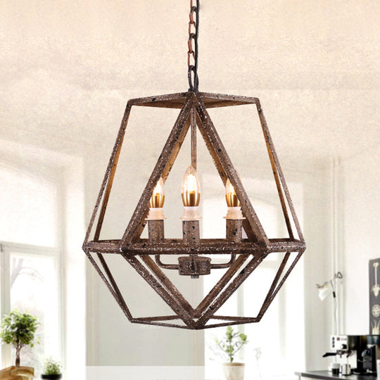 Geometric Rust Pendant Light - Classic Metal Chandelier For Dining Room With Candle Shade (3 Lights)