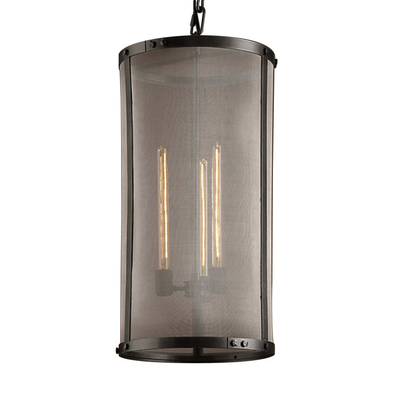 Black Metal Chandelier With Cylindrical Mesh Screen - Industrial Pendant Lighting