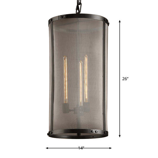 Black Metal Chandelier With Cylindrical Mesh Screen - Industrial Pendant Lighting