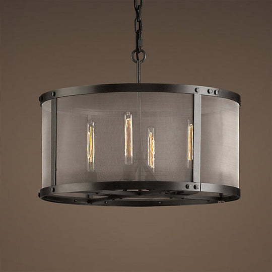 Drum Dining Table Suspension Light - Metal Chandelier Pendant with Mesh Screen (4/8 Lights, Black)