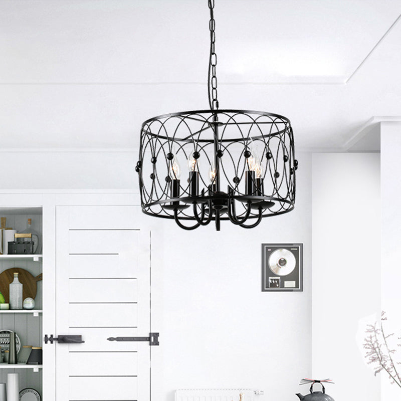 Rustic Black Drum Chandelier - 6-Head Metal Pendant Ceiling Light For Living Room Candle Design