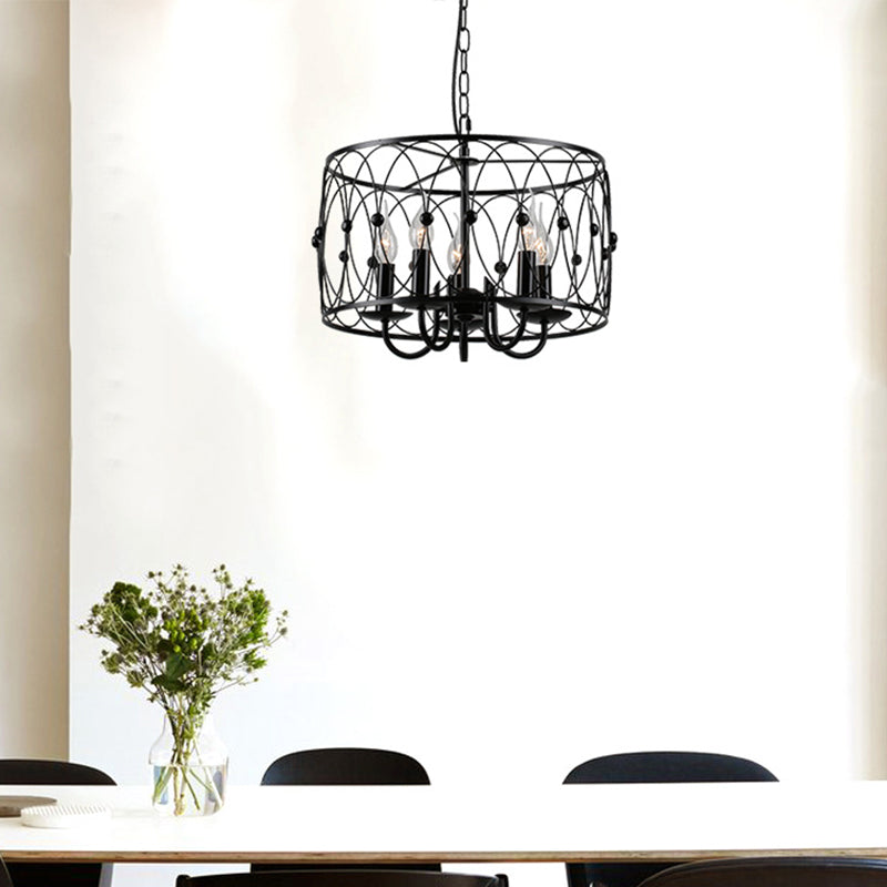 Rustic Black Drum Chandelier - 6-Head Metal Pendant Ceiling Light For Living Room Candle Design