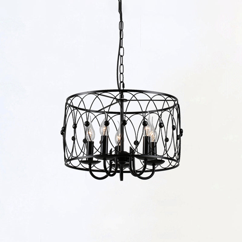 Rustic Black Drum Chandelier - 6-Head Metal Pendant Ceiling Light For Living Room Candle Design