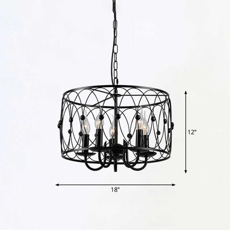 Rustic Black Drum Chandelier - 6-Head Metal Pendant Ceiling Light For Living Room Candle Design